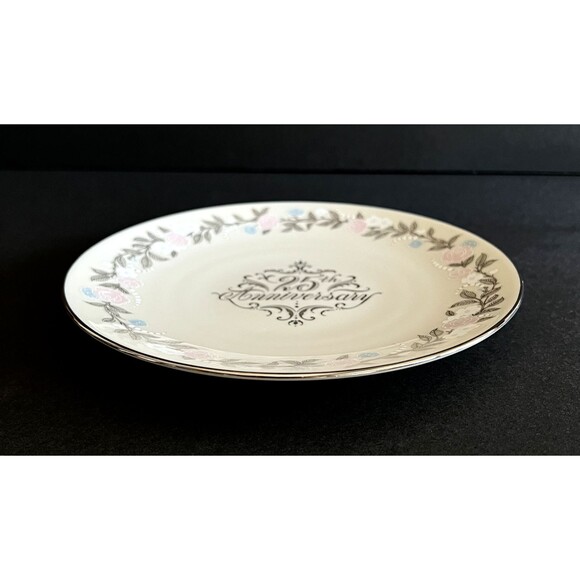 25th Anniversary Luncheon Size Lenox Plate Silver Rim Pink/Blue/White Flowers - Picture 2 of 5